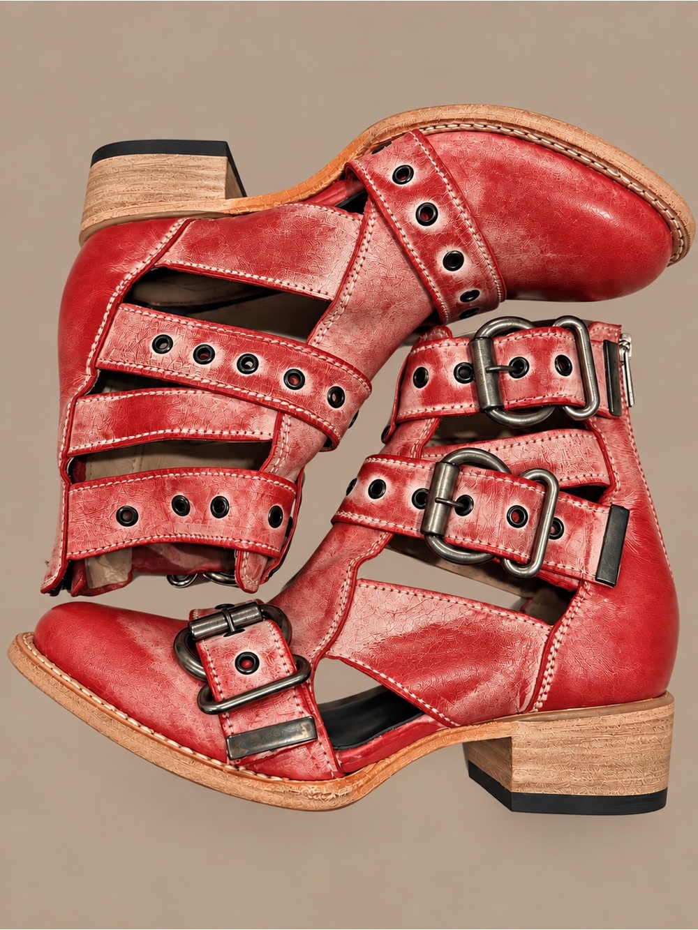 Freebird Grace Red Rouge Leather Buckle Booties Size 7 Like New Box & Dust Bags